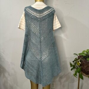Free People Rhiannon Linen Blend Open Knit Crochet Poncho dusty blue/green XS